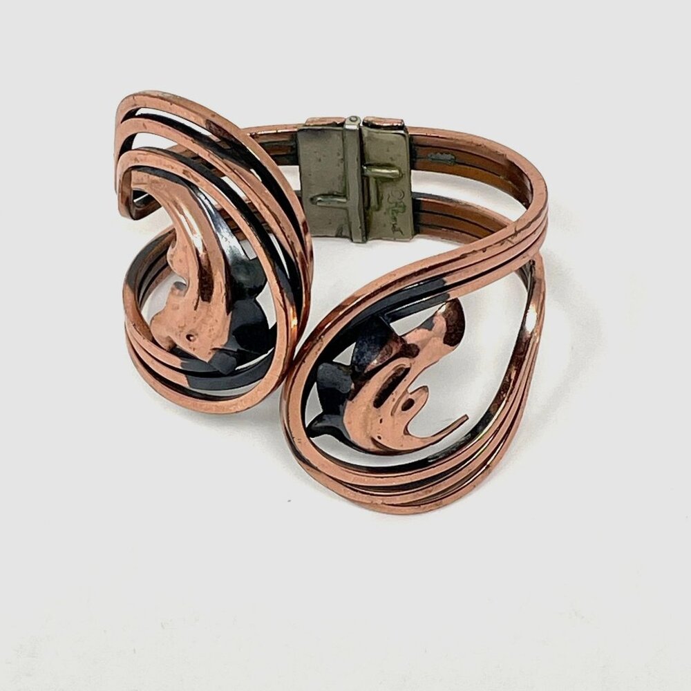 Vintage Rame' Solid Copper Hinged Clamper Swirl Cuff Bracelet Signed